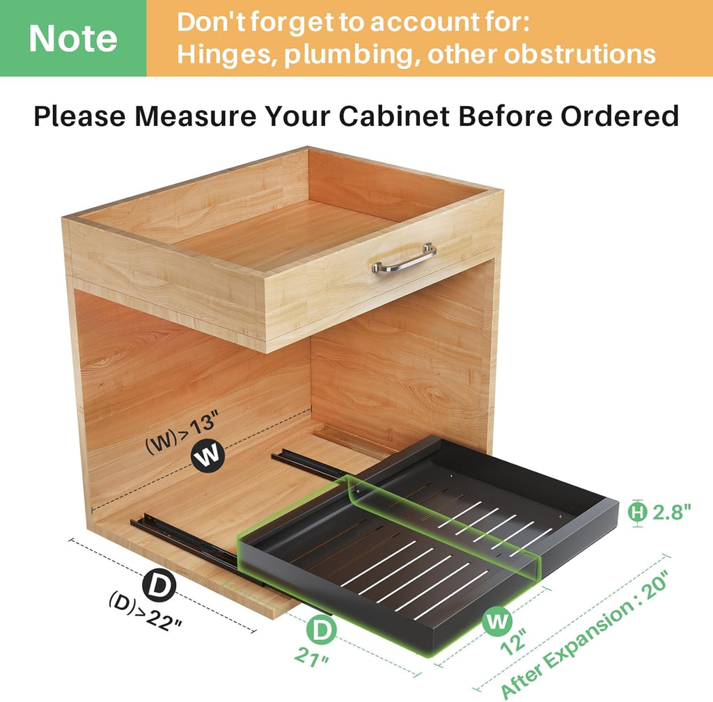 Pull out Cabinet Organizer, Expandable(12"-20") Heavy Duty Slide out Drawer Fixed with Adhesive Nano Film for Pots, Roll out Shelf Storage for Kitchen Base Cabinet Organization, Pantry, Bathroom