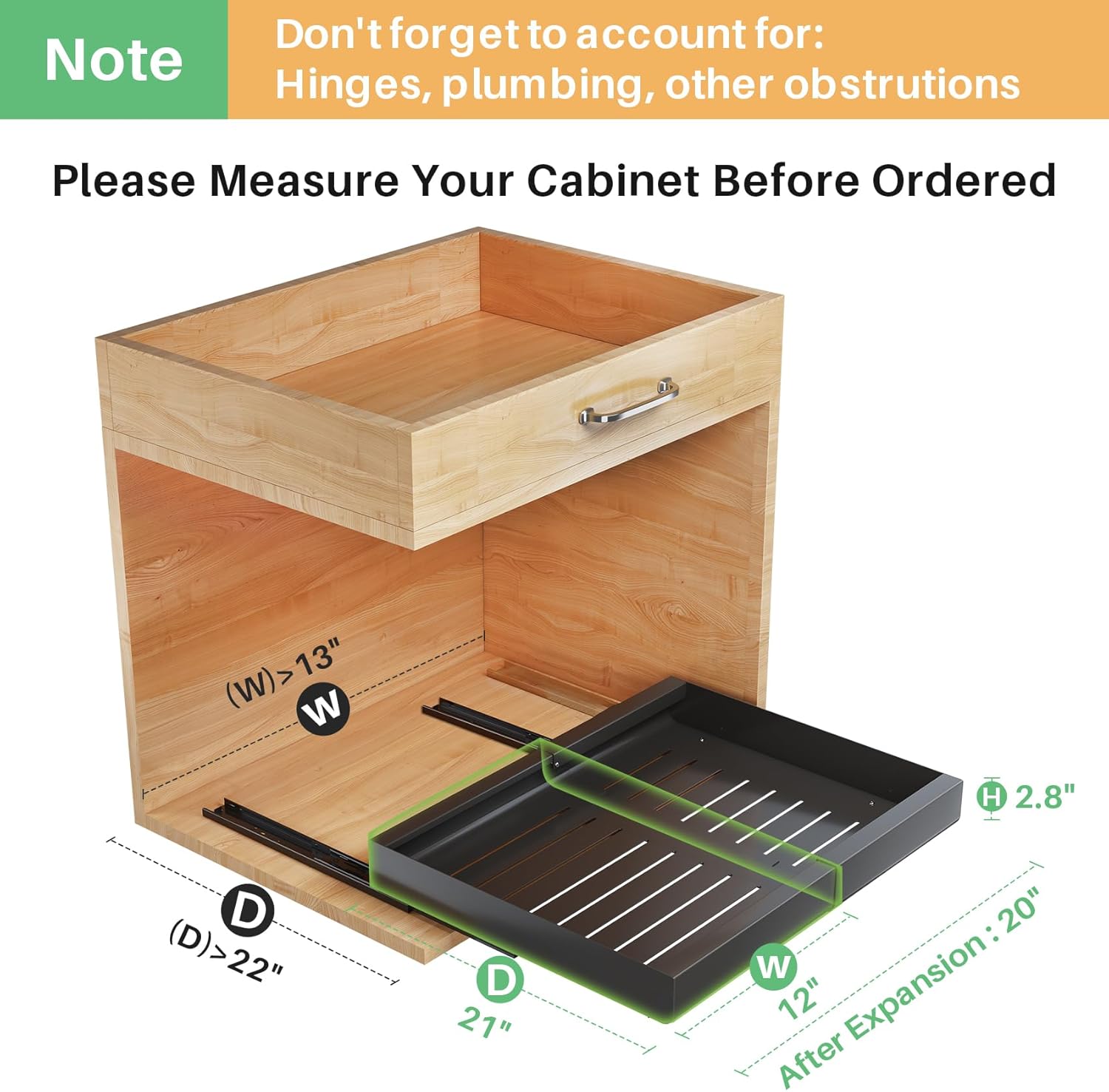 Pull out Cabinet Organizer, Expandable(12"-20") Heavy Duty Slide out Drawer Fixed with Adhesive Nano Film for Pots, Roll out Shelf Storage for Kitchen Base Cabinet Organization, Pantry, Bathroom