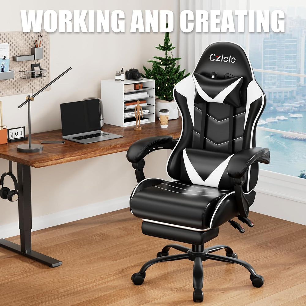 Czlolo Gaming Chair with Footrest Racing Style Lumbar Support Massager Video ...