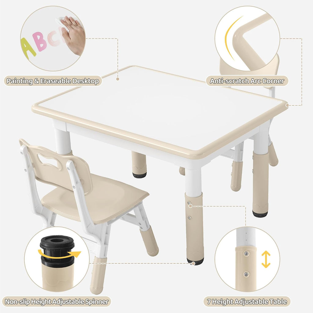 DOREROOM Kids Table and 2 Chairs Set, Height-Adjustable Toddler Table and Chair Set with Graffiti Desktop, 31.5''L x 23.6''W Children Activity Table for Daycare, Classroom, Home