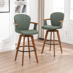 LUNLING 26” Counter Height Stools Set of 2,Mid Century Modern Bar Stools,Green PU Leather Kitchen Island Stool,Wood High Barstools Swivel with Back and Arms for Home Bar Furniture