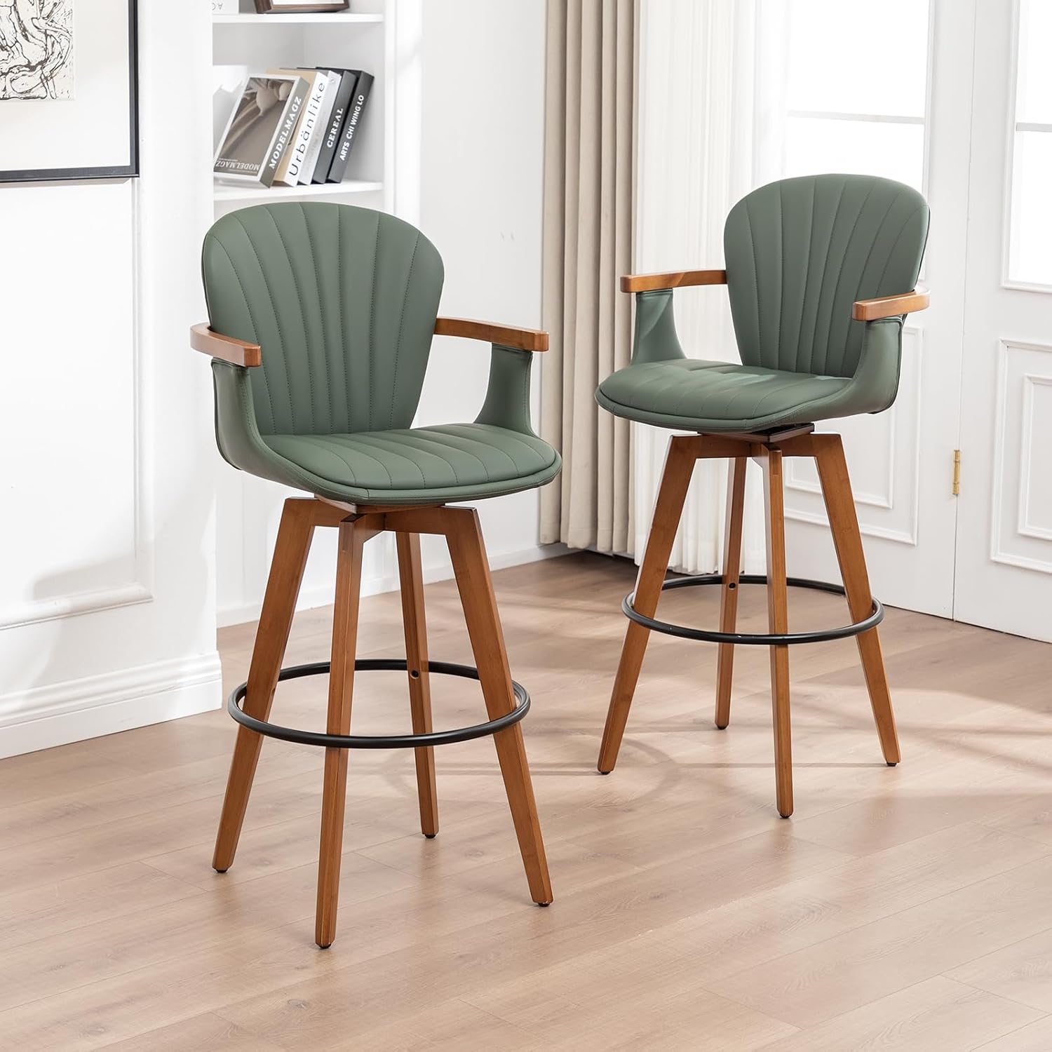 LUNLING 26” Counter Height Stools Set of 2,Mid Century Modern Bar Stools,Green PU Leather Kitchen Island Stool,Wood High Barstools Swivel with Back and Arms for Home Bar Furniture