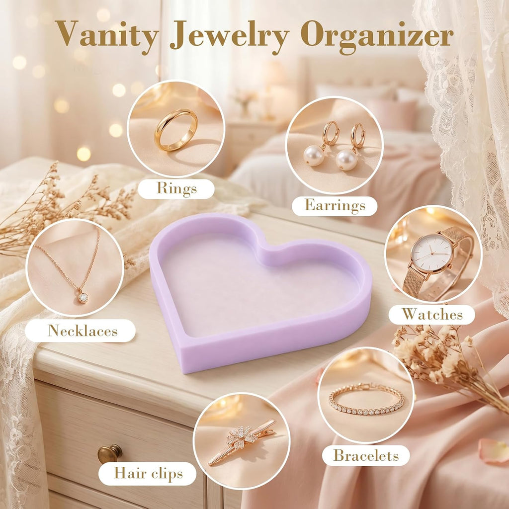Cute Heart Silicone Jewelry Dish, Soft Ring Holder Tray, Small Trinket Bowl for Keys Earrings Necklace, Aesthetic Home Decoration Gift for Women Girls Mom Best Friend, Purple