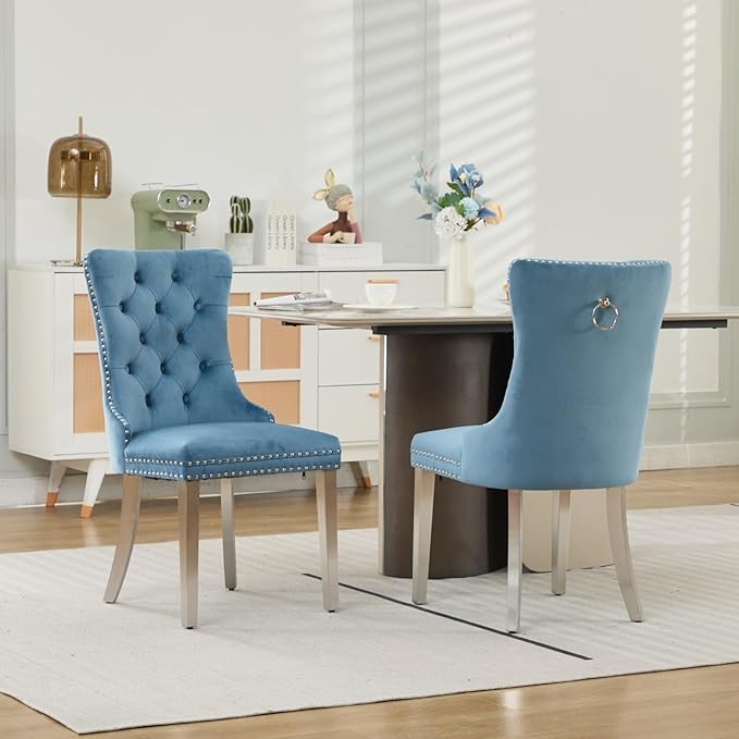 Mid Century Modern Dining Chairs Set of 2, Velvet Upholstered Kitchen & Dining Room Chairs with Nailhead Trim & Brushed Silver Metal Legs, Tufted Kitchen Chairs, Sillas De Comedor (Sky Blue, 2 Pcs)
