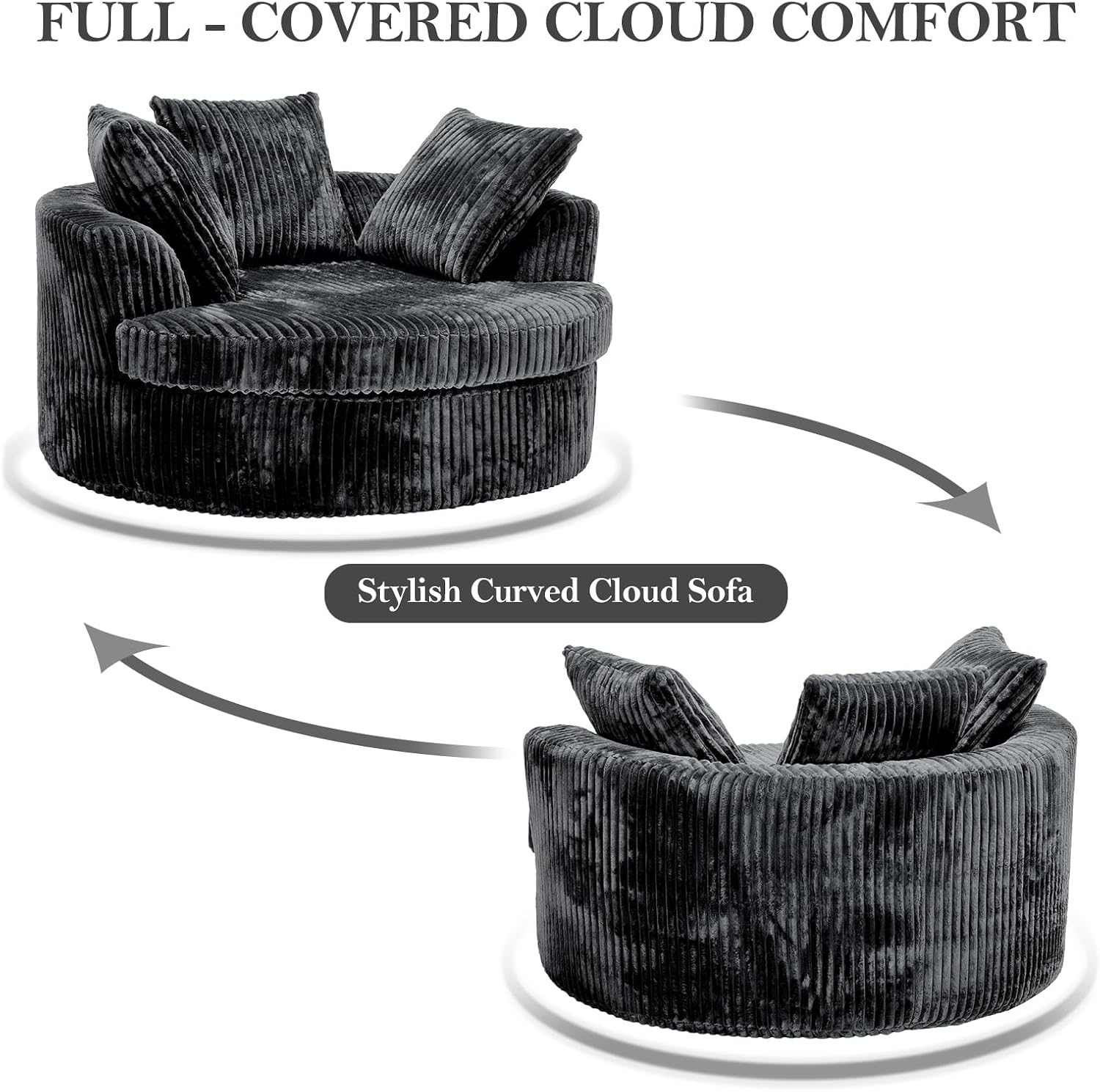 59" Oversized Round Chaise Lounge Chair Indoor with Throw Pillows | No Assembly Required, Corduroy Fabric, Plush Round Sleeper Lounge for Living Room Bedroom