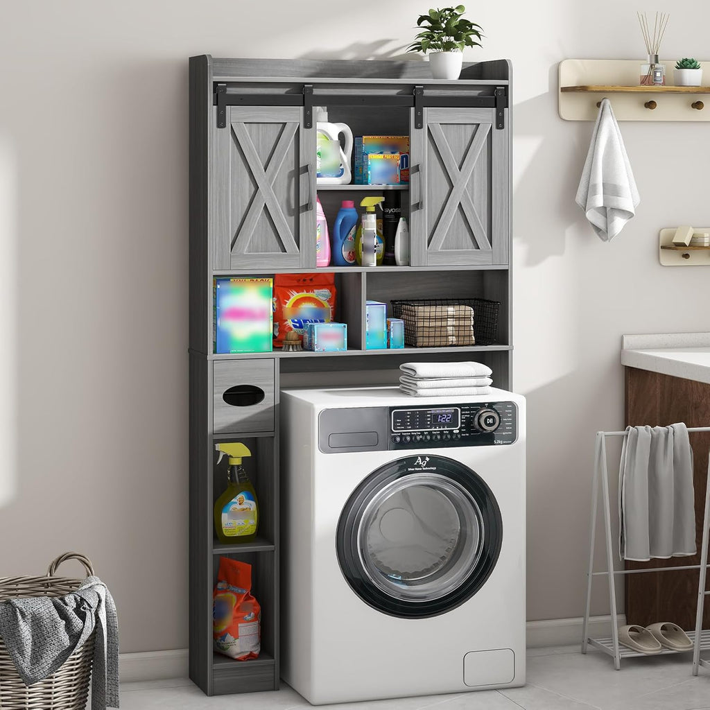 Farmhouse Over The Toilet Storage Cabinet with Sliding Door & Toilet Paper Holder Stand, Space-Saving for Bathroom & Restroom, Wash Grey