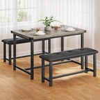 3 PSC Dining Table Set with 2 Upholstered Benches and 1 Table for 4, 44" Small Space Breakfast Nook Set, Kitchen Table with Tufted Upholstered Seats, Rustic Wood & Metal Frame, Easy Assembly