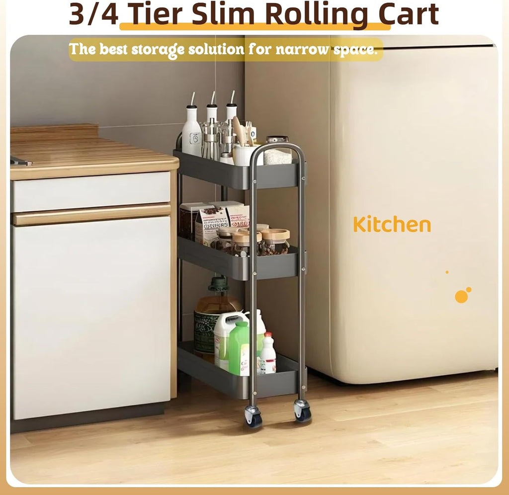 3 Tier Slim Metal Rolling Storage Cart for Laundry Room & Kitchen Organizer, 7.1'' Thin Standing Shelf for Narrow Spaces, Utility Cart with Wheels & Lockable Casters for Bathroom, Black