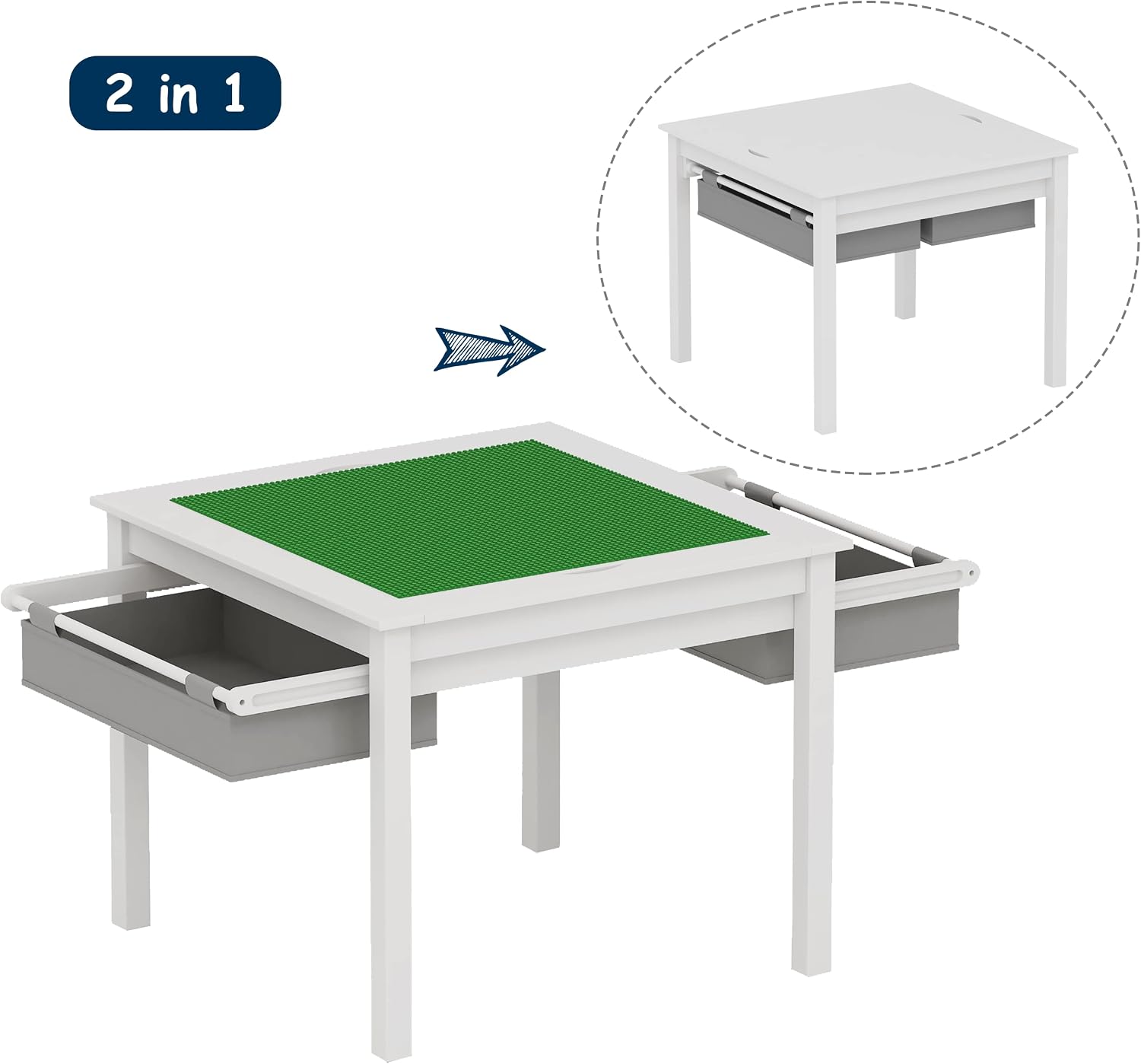 UTEX 2 in 1 Kids Construction Play Table with Drawers Built-in Baseplate | Wooden Kids Building & Activity Table with Storage, Water-based Paint Finish, Compatible with Lego and Duplo Bricks