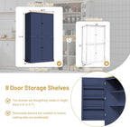 High Freestanding Kitchen Pantry Large Cupboard Storage Cabinet with 2 Drawers, 2 Adjustable Shelves, 8 Door Shelves for Kitchen, Dining Room (Blue/Large)