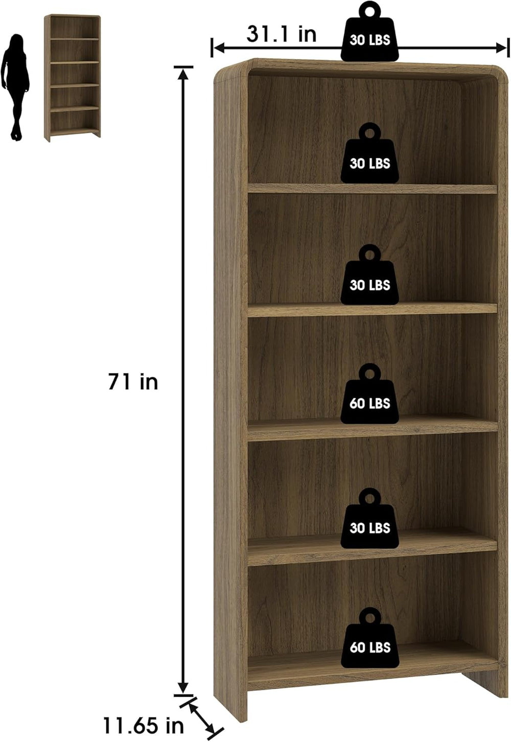Bevfint 71" Bookcase Tall 5 Shelves Wood Bookshelf with Curved Soft Edge...