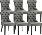 KCC Faux Leather Dining Chairs Set of 6, Upholstered High-end Tufted Dining Room Chair with Nailhead Back Ring Pull Trim Solid Wood Legs, Contemporary Nikki Collection Modern Style for Kitchen, Gray