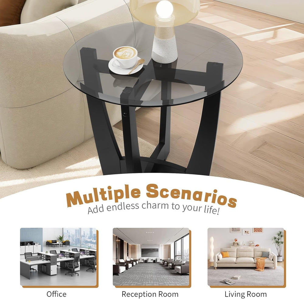 LKTART Glass End Table, 23.5" Round Side Tables with Black Tempered Glas...