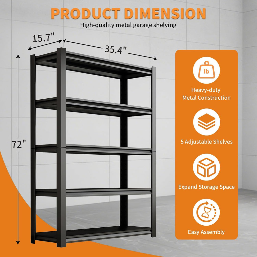 72"H Garage Shelving Units Storage Metal Shelves 2000LBS Heavy Duty Shelving 5-Tier Adjustable Utility Industrial Shelves Rack for Garage Basement Pantry Kitchen Living Room (15.7"D×35.4"W× 72"H)