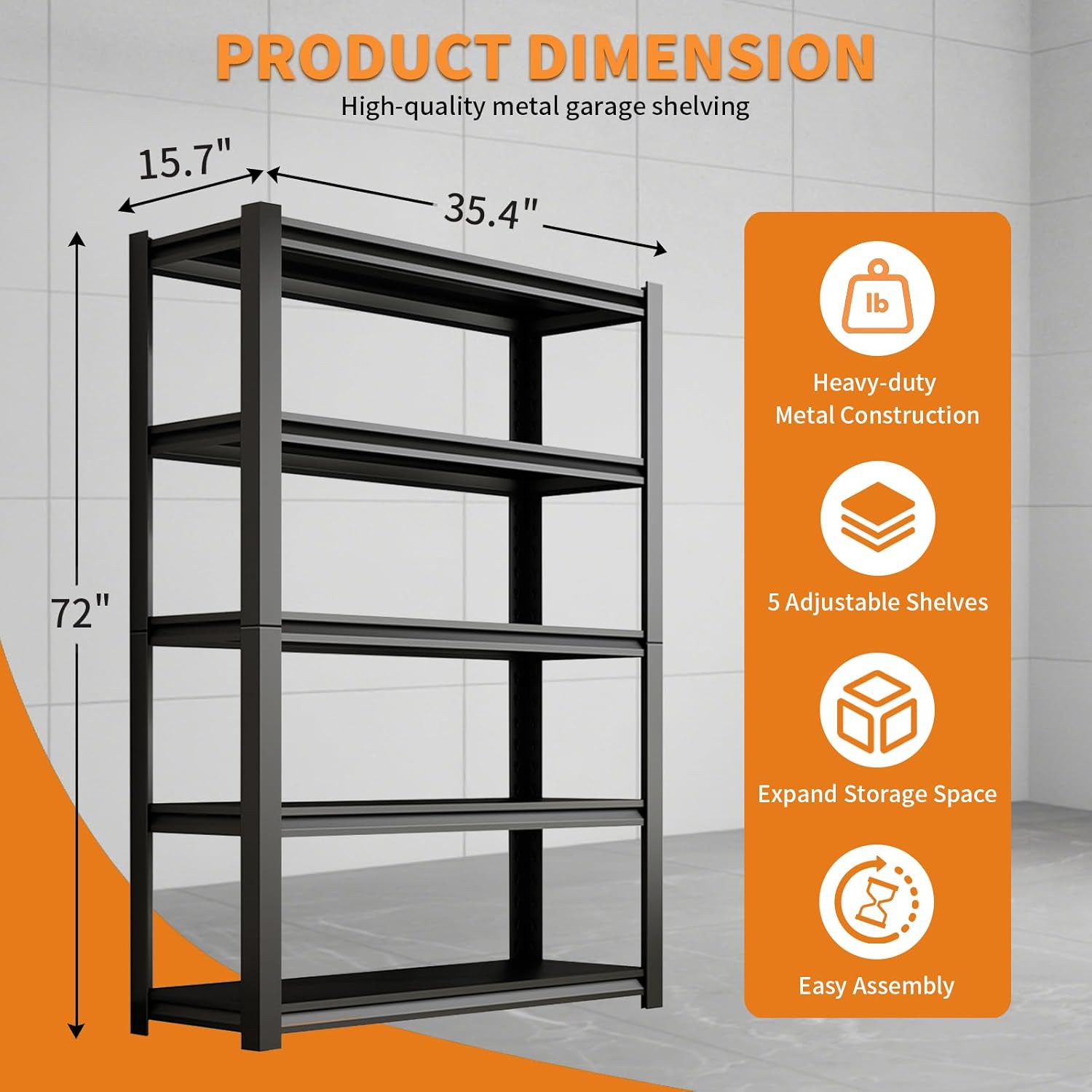 72"H Garage Shelving Units Storage Metal Shelves 2000LBS Heavy Duty Shelving 5-Tier Adjustable Utility Industrial Shelves Rack for Garage Basement Pantry Kitchen Living Room (15.7"D×35.4"W× 72"H)
