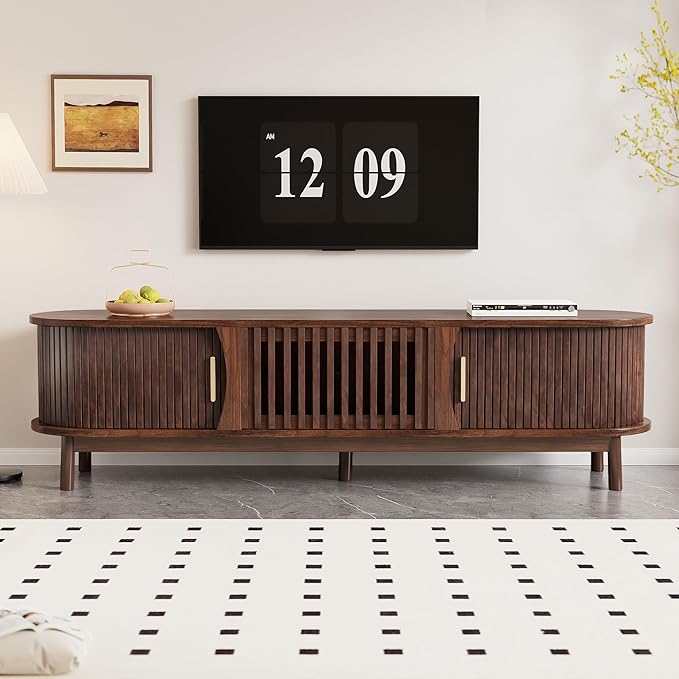 Ball & Cast 67" Modern Farmhouse TV Stand for TVs up to 75",Media Console with Drop-Down & Sliding Doors,Entertainment Center w/2 Storage Cabinets & Solid Wood Legs for Living Room,Bedroom Dark Brown