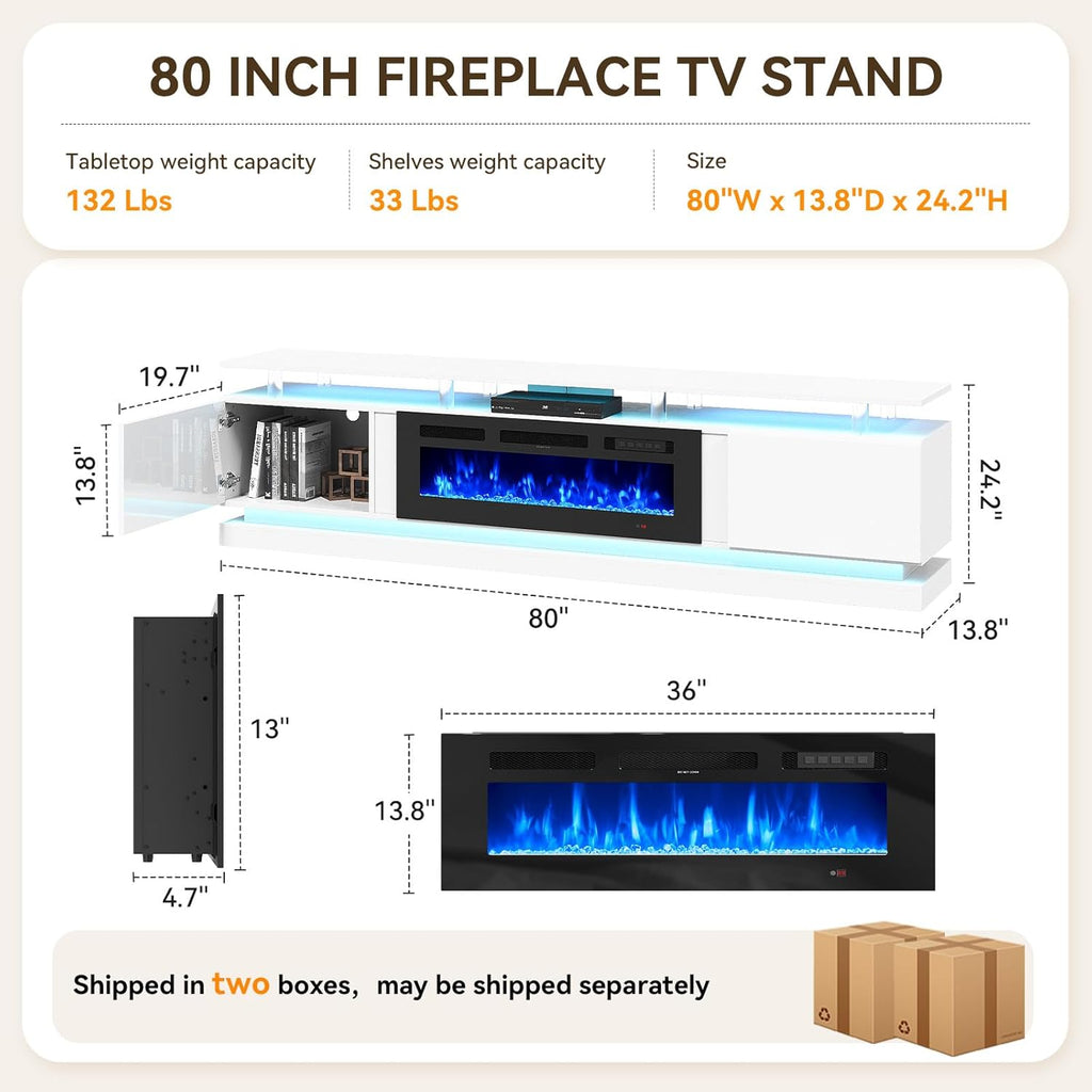 80" Modern Fireplace TV Stand for TVs up to 90", White Entertainment Center with Black Electric Fireplace,Storage Cabinets&Adjustable LED Light, Media Console for Living Room