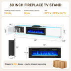 80" Modern Fireplace TV Stand for TVs up to 90", White Entertainment Center with Black Electric Fireplace,Storage Cabinets&Adjustable LED Light, Media Console for Living Room