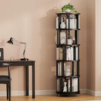 Solid Wood Rotating Bookshelf on Wheels, 5 Tier, Round Revolving Bookcase, 360° Spinning Book Shelf Tower for Kids, Narrow Rolling Bookshelves for Small Space, Corner, Bedroom, Office, Black