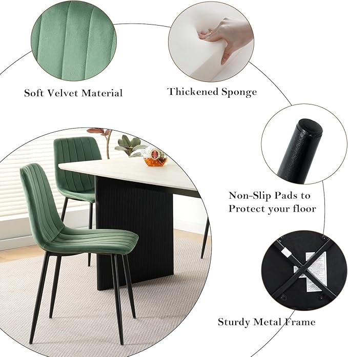 Dining Chairs Set of 4, Modern Kitchen Dining Room Chairs, Ergonomic Velvet Dining Chair Upholstered Cushion Seat and Sturdy Metal Legs (Green)