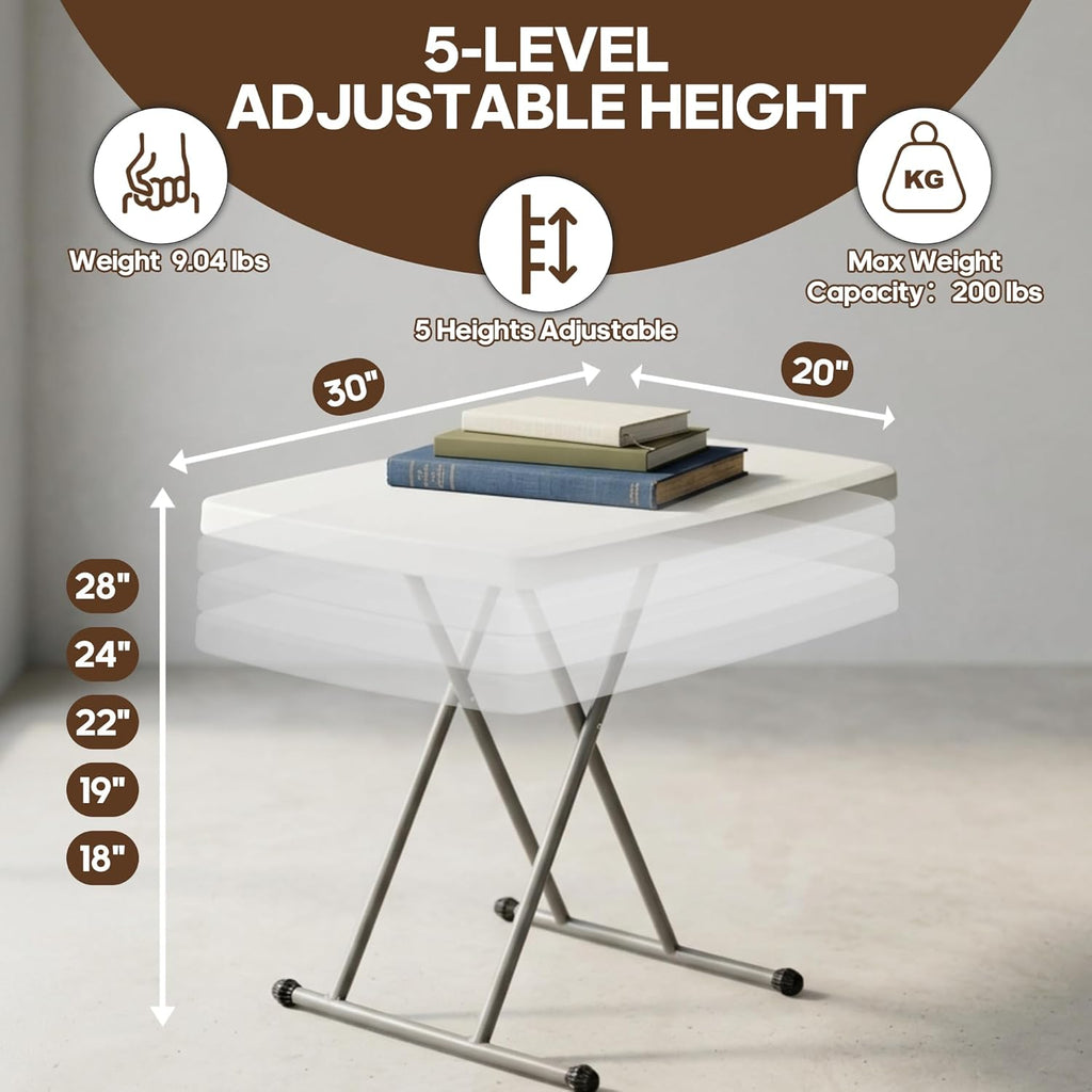 30 Inch Folding Table, 5-Level Height Adjustable TV Tray for Small Spaces, HDPE Tabletop Small Folding Table Portable for Laptop, Dining, Camping, 200 lbs Weight Capacity, No Assembly