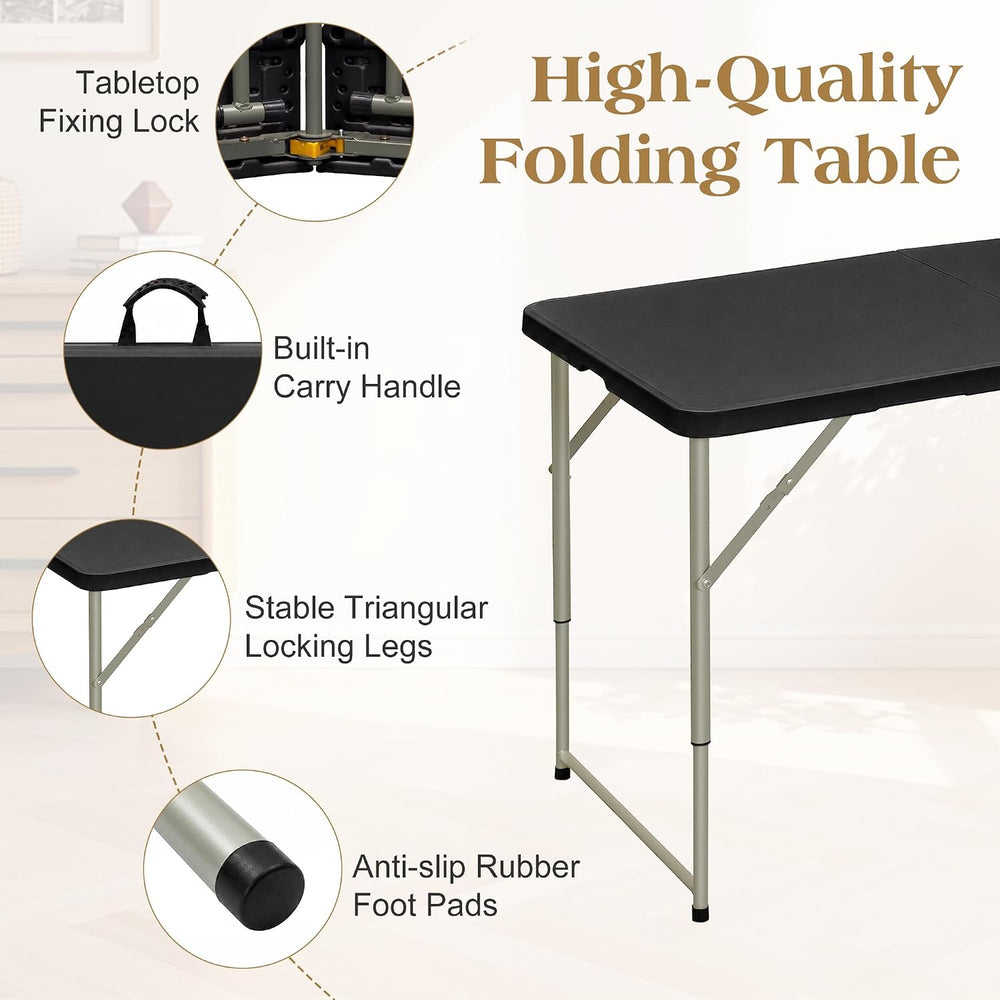 VECELO Folding Table 4 Ft, 3 Adjustable Height, Portable w/Handle, Black | Fo...