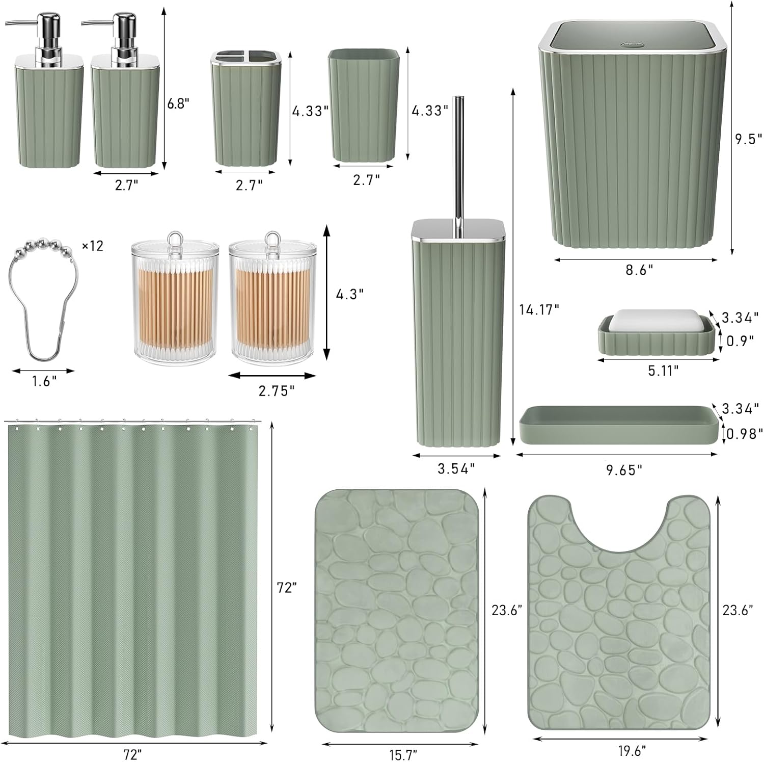 Bathroom Accessories Set - 25PC Sage Bathroom Set, Bathroom Set with Shower Curtain and Rugs, Sage Green Shower Curtain Set, Bathroom Accessory Set, Trash Can & Soap Dispenser
