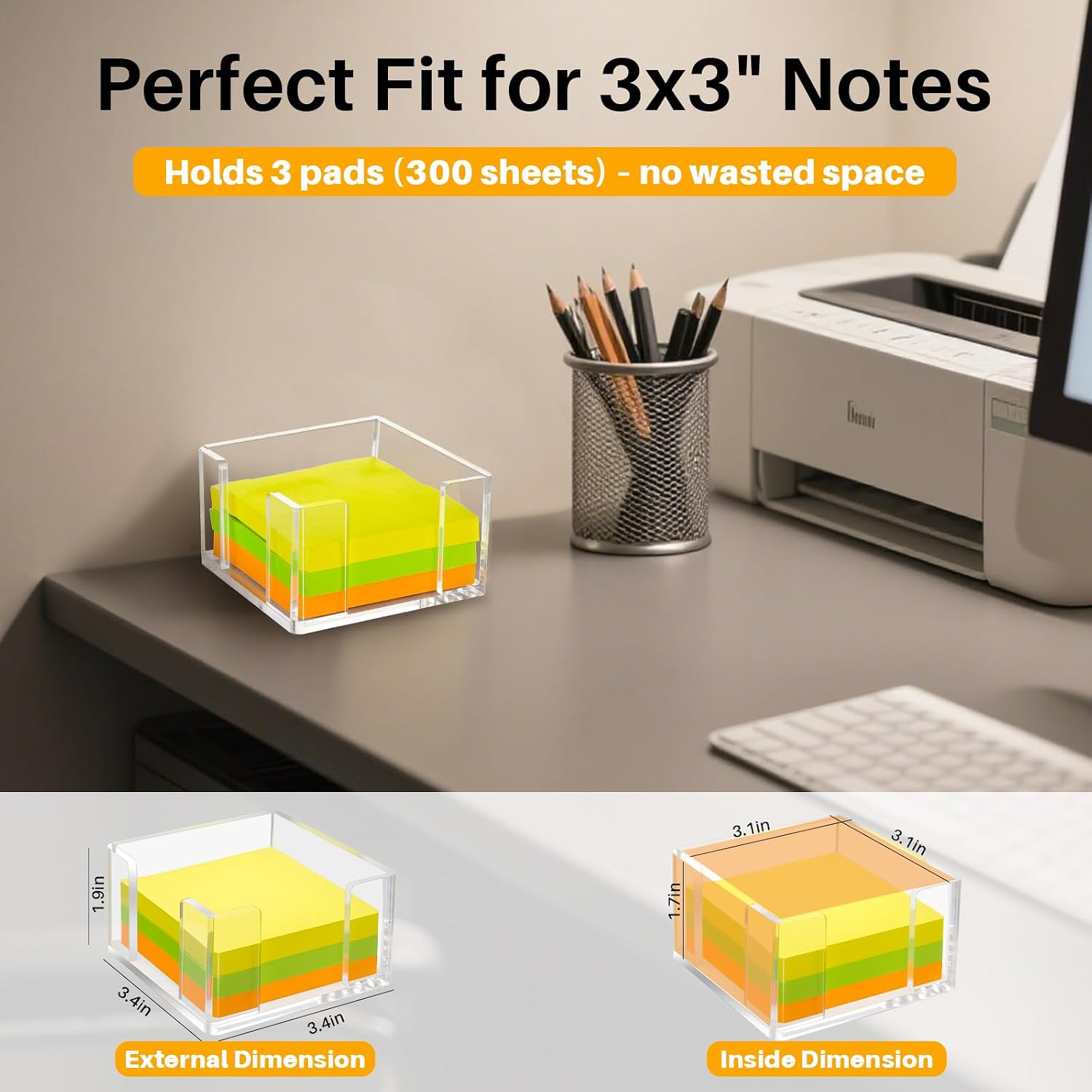 Acrylic Sticky Note Holder, 3x3 Inch Clear Dual Openings Square Notepad Organizer with Anti-Slip Base, Sticky Note Dispenser Memo Holder Case for Desk Office School Supplies(No Pads)