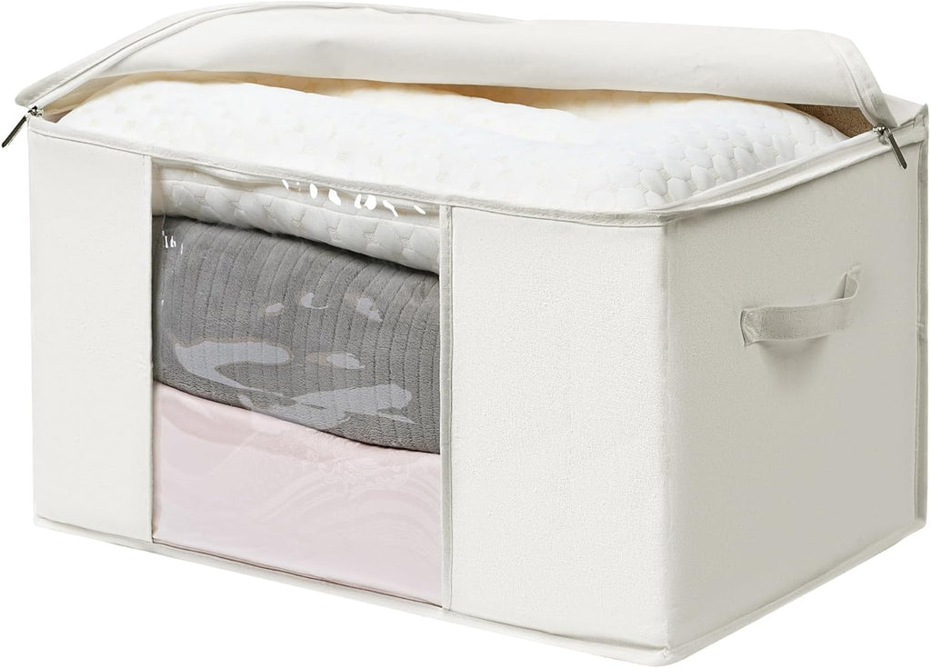 TYEERS Large Storage Bags with Zipper and Clear Window, Cotton Blended Fabric Storage Containers for Seasonal Clothes and Bedding, 23.6x15.7x13.8 Inches, 4-Pack, Beige
