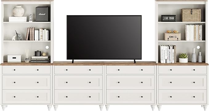 WAMPAT Entertainment Center with Bookshelves for TVs up to 75", Farmhouse Wall Unit TV Stand with Drawers, Media Console Table for Living Room, Bedroom & Home Theater, White