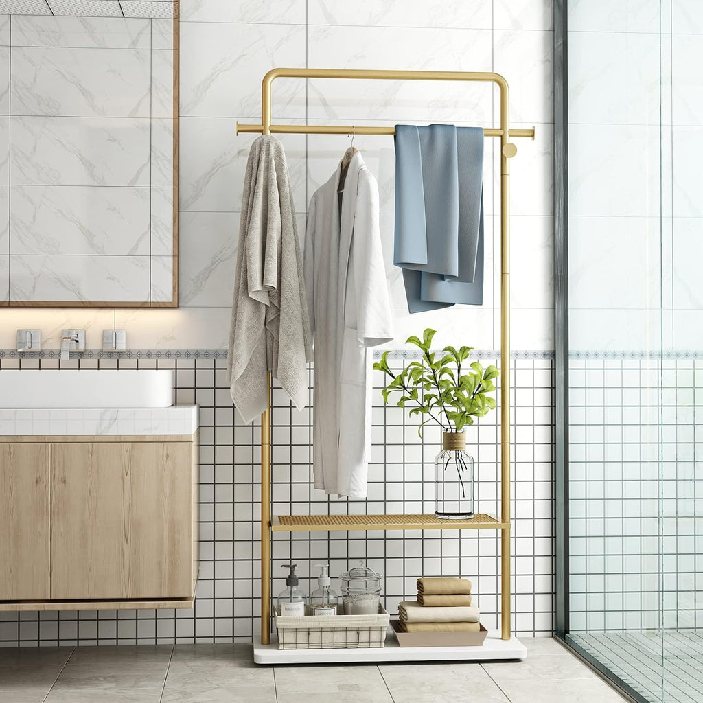 TIEOU Gold Coat Racks with Shelf, Heavy Duty Gold Clothing Racks for Boutiques, Free-Standing Metal Garment Rack for Hanging Clothes, Modern Clothes Rack Entryway(2 tier)