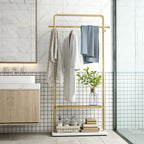 TIEOU Gold Coat Racks with Shelf, Heavy Duty Gold Clothing Racks for Boutiques, Free-Standing Metal Garment Rack for Hanging Clothes, Modern Clothes Rack Entryway(2 tier)