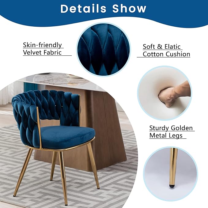 KCC Modern Velvet Dining Chairs Set of 2, Upholstered Living Room Chair with Woven Back and Golden Metal Legs, Mid-Century Accent Side Chair for Dining Room, Kitchen, Blue