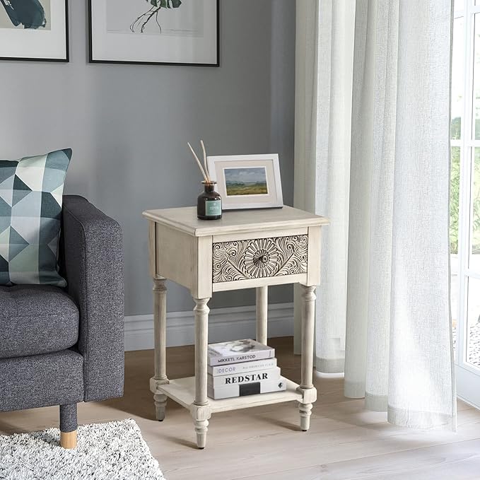 COSIEST Vintage Nightstand, MDF 2-Tier Bedside Table, Wood Accent End Table with Storage Drawer and Open Display Shelf for Bedroom Living Room