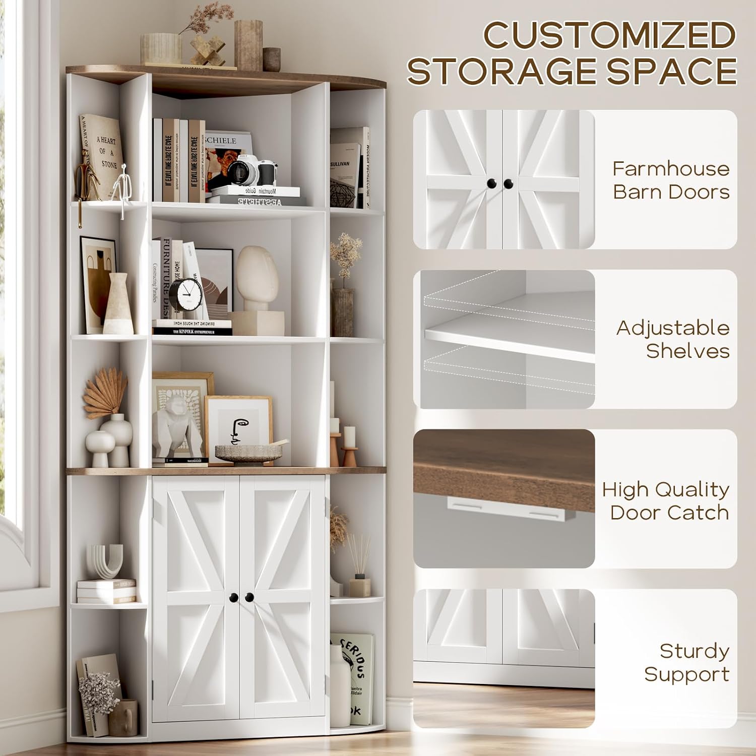Halitaa Corner Storage Cabinet, 67" White Brown Tall Corner Bookshelf | 67'' Farmhouse Storage Shelf with Bottom Cabinet and Ajustable Shelf for Study, Living Room and Kitchen, White and Brown