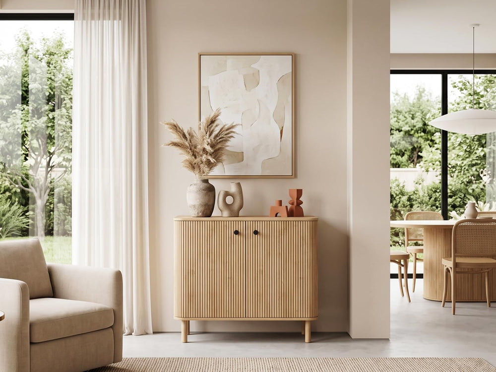 Fluted Sideboard Buffet Cabinet with Storage, 31'' Natural Oak Wood B...