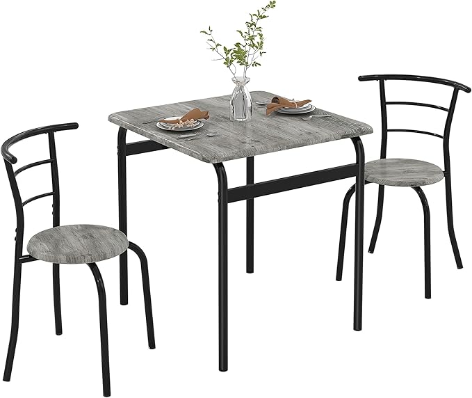 VECELO Dining Table Set for 2, 3-Piece Modern Dinette with Chairs for Small Space, Kitchen, Breakfast Nook, Rustic Grey