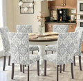 COLAMY Upholstered High Back Dining Chairs Set of 6 with Solid Rubber Wood Legs, Fabric Dining Room Chairs with Comfortable Padded Seat for Dining Room, Classic Gray Damask Pattern, Cloudy Gray Damask
