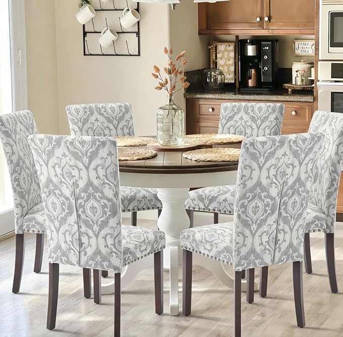 COLAMY Upholstered High Back Dining Chairs Set of 6 with Solid Rubber Wood Legs, Fabric Dining Room Chairs with Comfortable Padded Seat for Dining Room, Classic Gray Damask Pattern, Cloudy Gray Damask