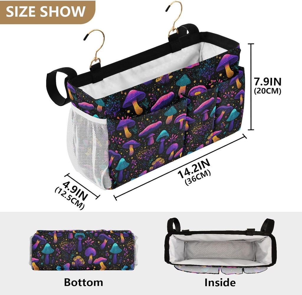 Neon-colored Mushrooms Stars Dots Bedside Caddy for Dorm Bed Bedside Hanging Caddy Bag Iron Frame Storage Organizer Pocket for Bunk Home College Hospital Beds 2 Hooks