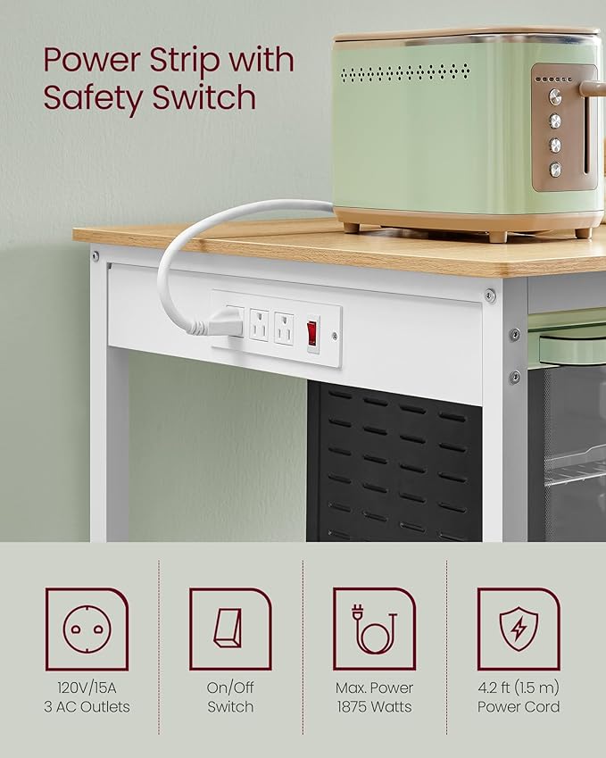 VASAGLE Kitchen Island with 3 Shelves, 39.4 Inches Width Kitchen Shelf with Power Strip, Large Worktop, Stable Steel Structure, Industrial, Easy to Assemble, Golden Oak and White UKKI105Y01