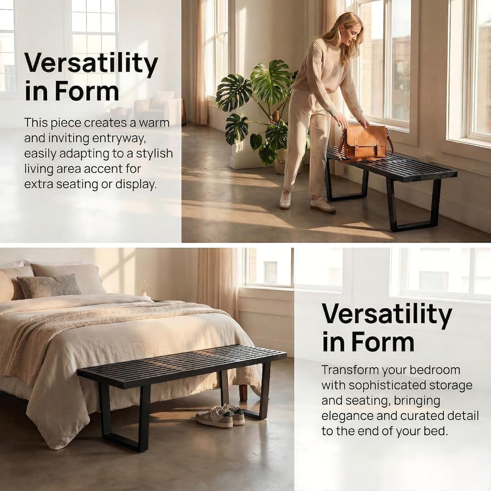 HNY Modern Entryway Bench Black Wood Minimalist Nelson Bench with Metal Legs ...
