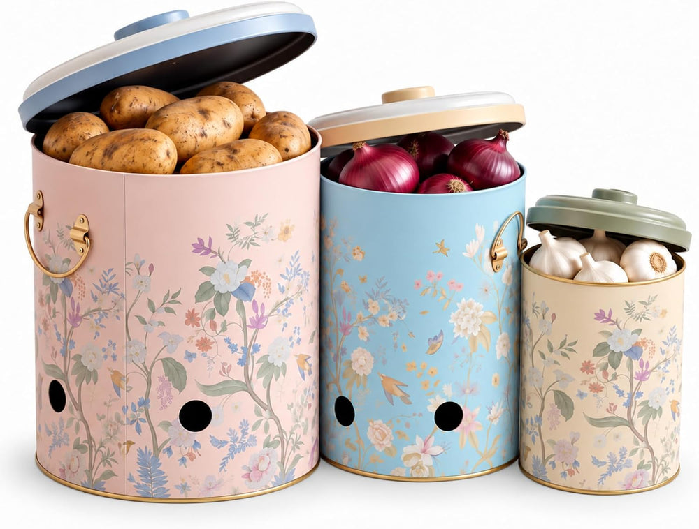 MARIA ROMA Metal Potato and Onion Storage Bin Set of 3 with Garlic Keeper - V...