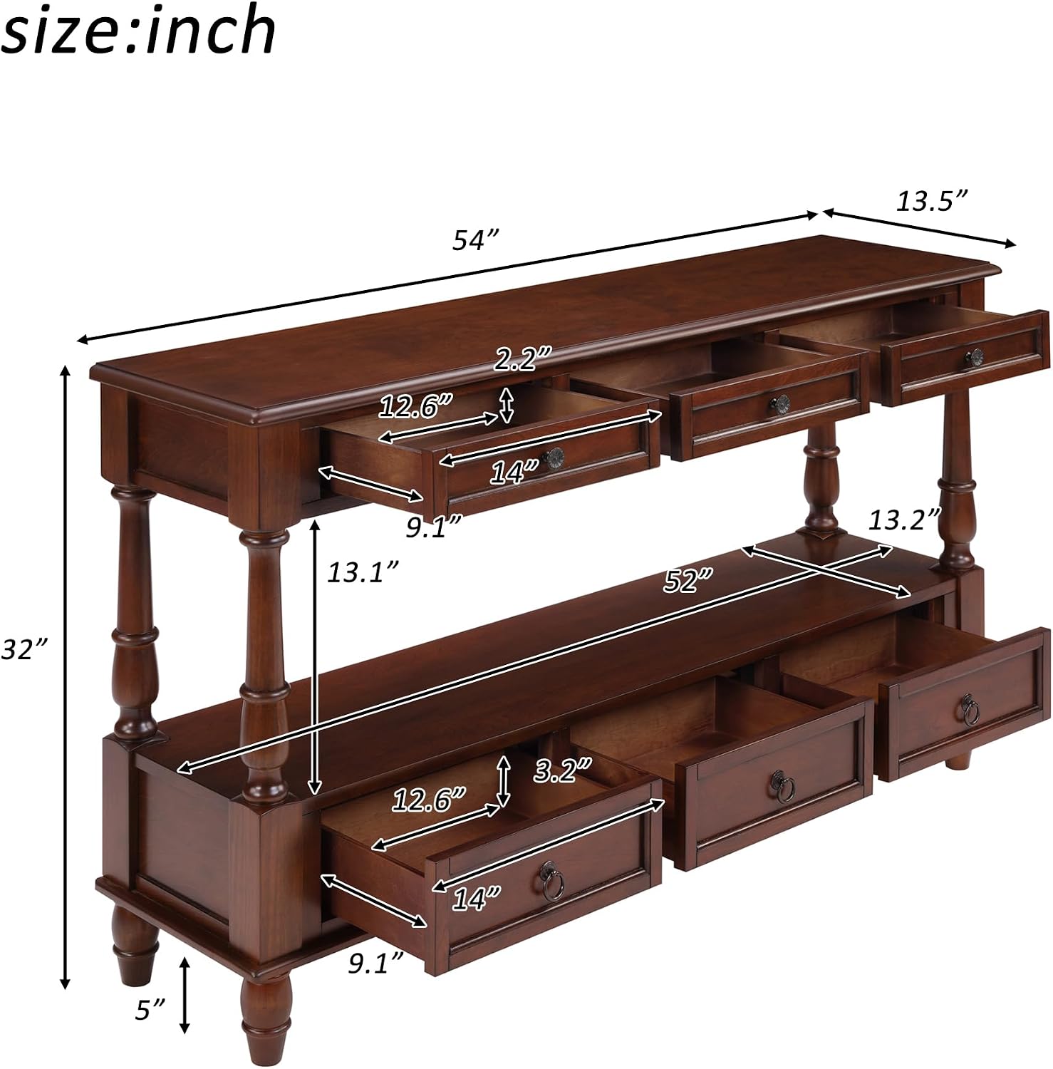 LKTART 54'' Solid Wood Console Table, Farmhouse Entryway Table with 6 Drawers and Shelf, Narrow Long Sofa Table with Storage for Living Room Hallway, Couch, Foyer (Cherry)