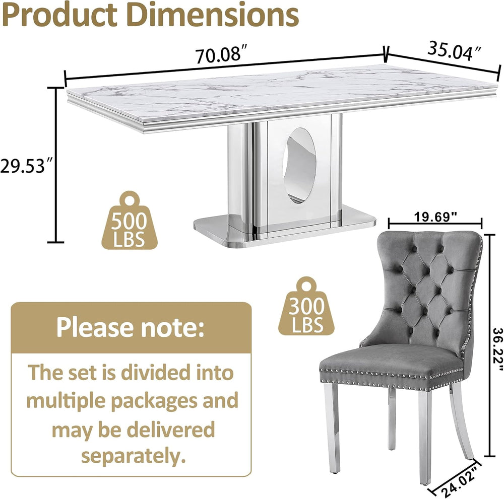 AF ARTISAN FURNITURE 7 Piece White Marble Dining Table, 70'' Rectangl...