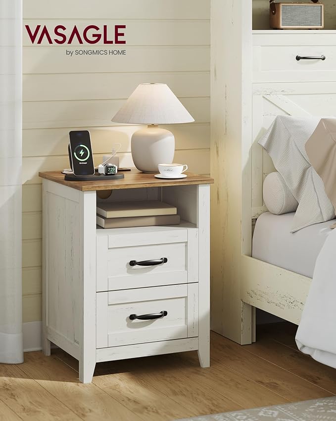 VASAGLE LIRY Collection - Farmhouse Nightstand with Charging Station, Bedside...