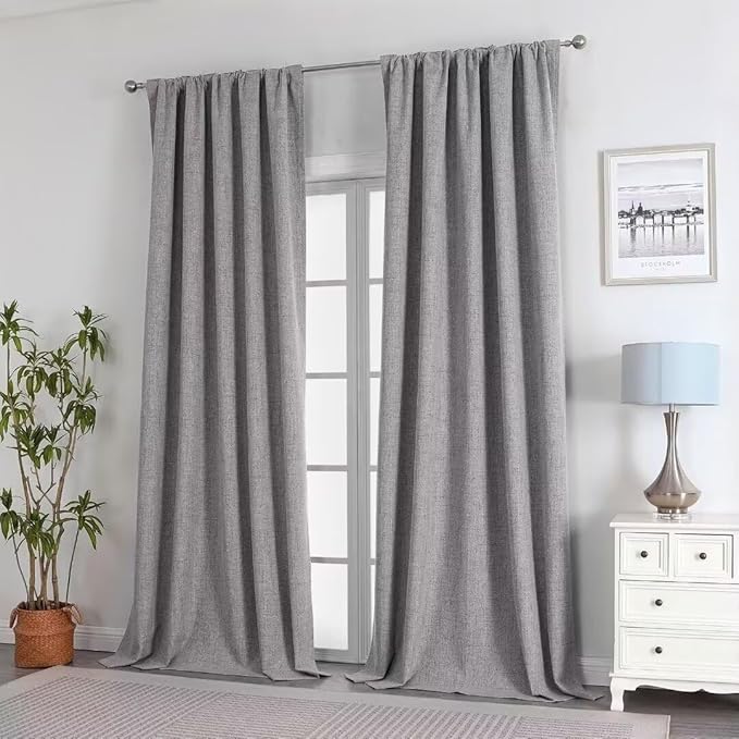 Joydeco Natural Linen Curtains 84 inch Length 2 Panels Set Burg 100% Blackout Patio Door Curtain Room Darkening Sliding Door Curtains Thermal Insulated Back tab Rod Pocket(105x84 inch, Light Grey)