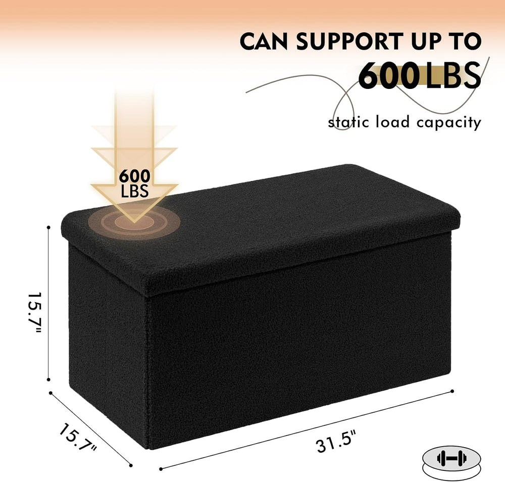 PINPLUS Folding Storage Ottoman Bench, Black Sherpa Ottoman for Living Room, ...