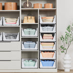 4 Pack Stackable Closet Storage Basket - Stackable Storage Bins, Multifunctional & Foldable Closet Organizer Divided, Wardrobe Cupboard Space-Saving Clothes Storage Hat Organizer, White