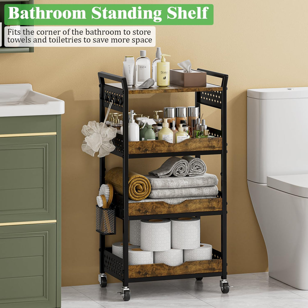 4 Tier Rolling Storage Utility Snack Cart on Wheels | durable metal and wood frame, suitable for kitchen bathroom pantry vanity bedroom living room dorm, no shake, move smoothly